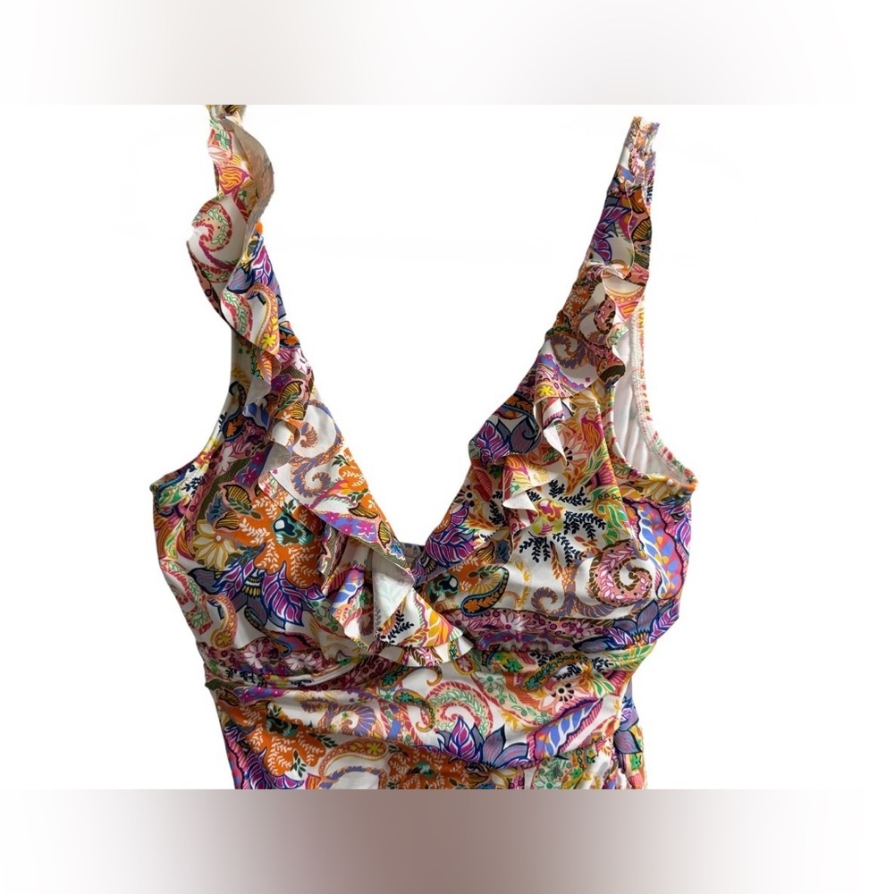 RALPH LAUREN ONE PIECE SWIMSUIT SIZE 16 PAISLEY FLORAL RUFFLE STRAP V-NECK - Picture 4 of 11